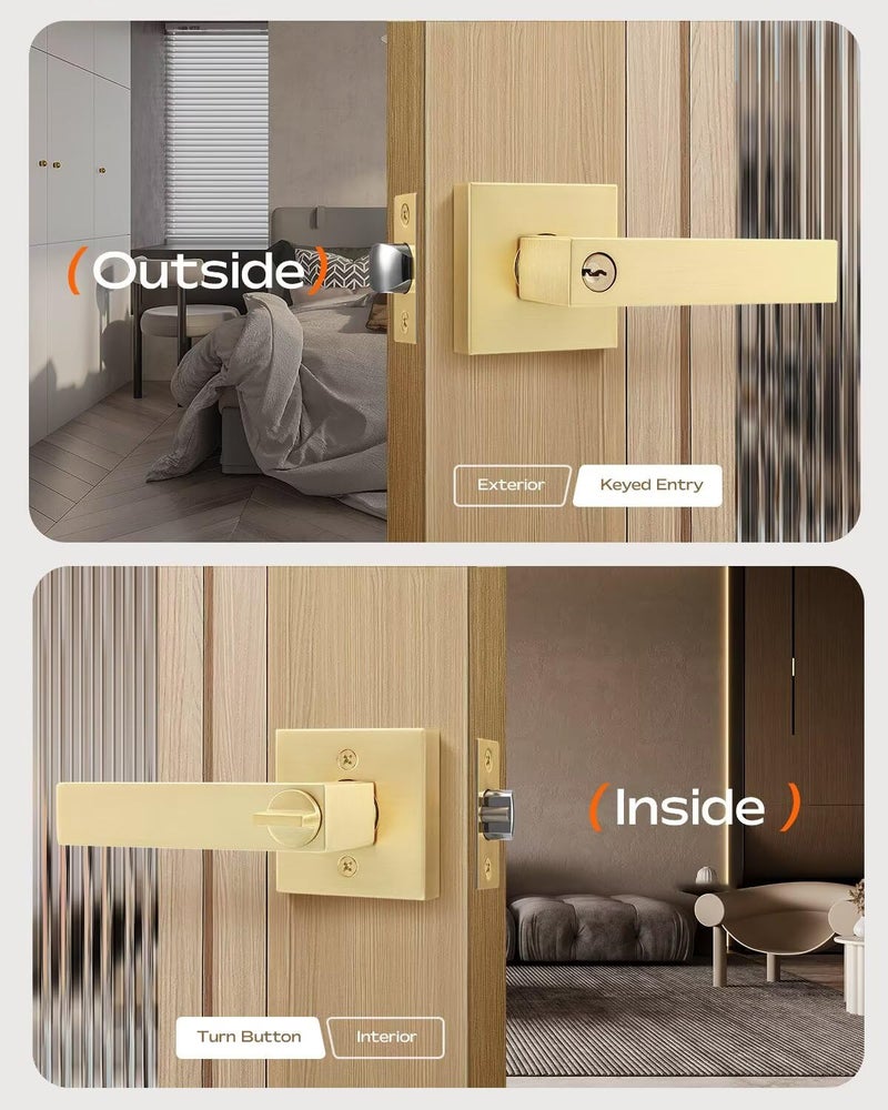 Leydebong 6 Pack Entry Door Levers with Keys  Heavy Duty Hardware for Exterior Front and Back Door  Gold Keyed Entrance Lock Keyed Alike Door Knobs - Image 3